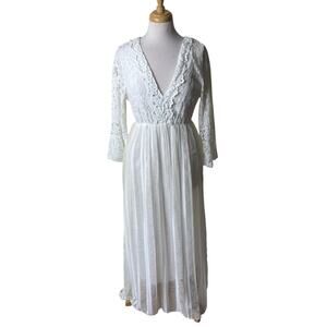 Lace V Neck Flutter Sleeve White Cotton  Maxi Dress Made in Italy SMALL